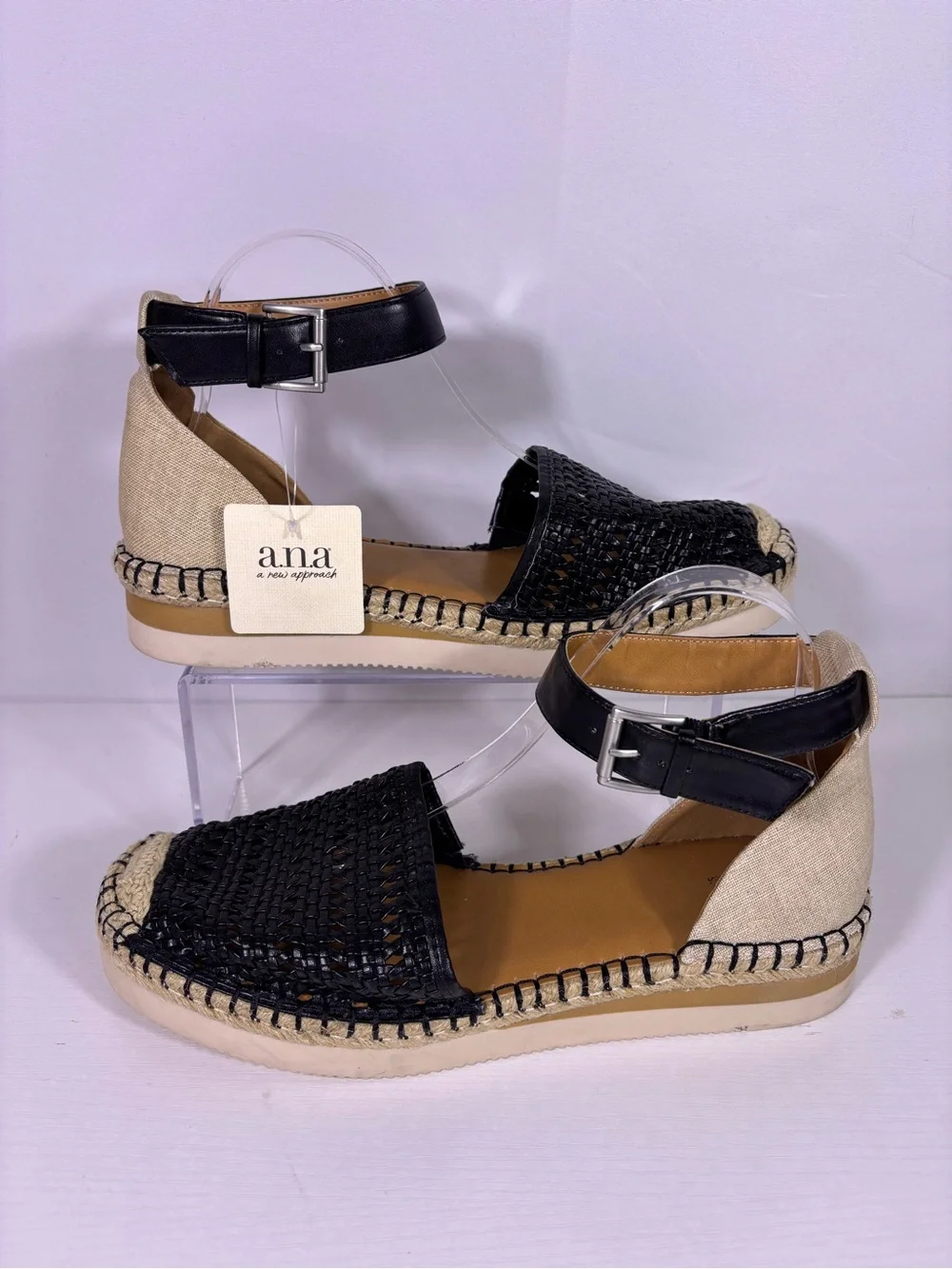 a.n.a Clara Espadrille Sandals Women’s 10 Black Natural Woven Ankle Stra